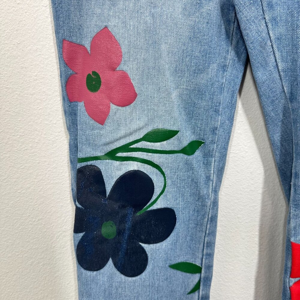 Misslook Floral Painted Denim Bib Overalls Festival Quirky Women's Size Small - Picture 6 of 12